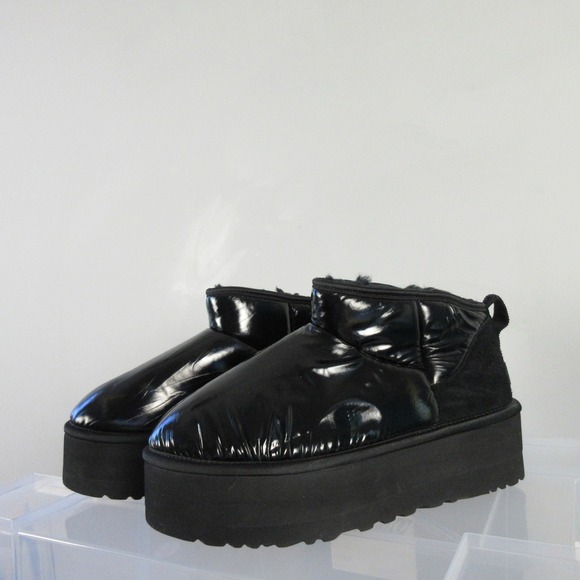 UGG Plush Platform Ankle Boots Women 11 Black Wool Mini Ultra Patent Y2K 942 - Picture 2 of 13